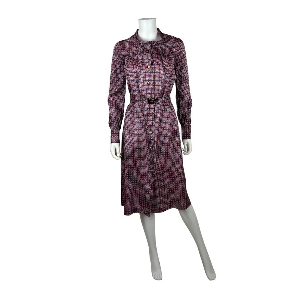 Vintage 70s Secretary Dress Womens Medium Red Blue Printed Button Down Belted Sh